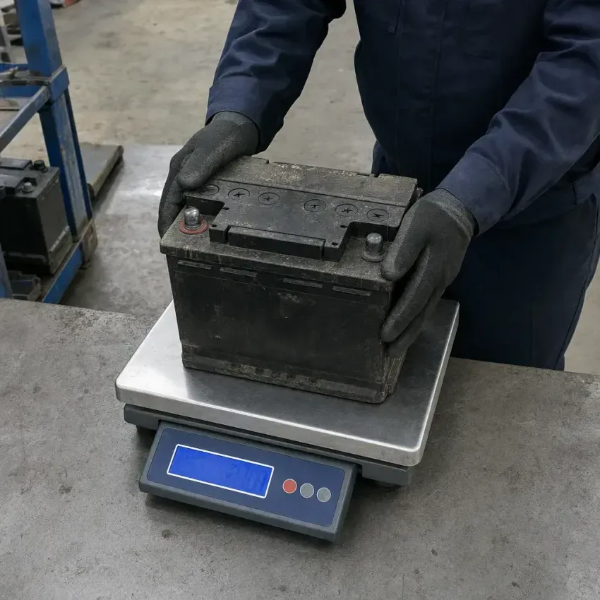 デジタルスケールで自動車用バッテリーを計量する様子